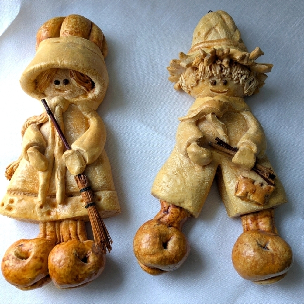 Salt Dough Hanging Wall Figurines. Vintage. Boy and Girl.